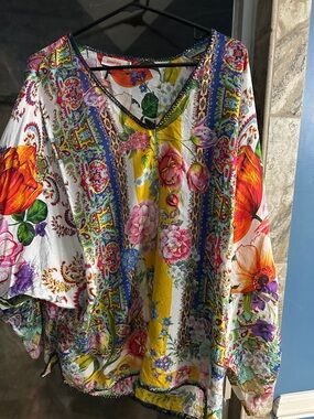 Johnny Was Multicolor Floral V-Neck Tunic - Yellow, Red, Blue Accents